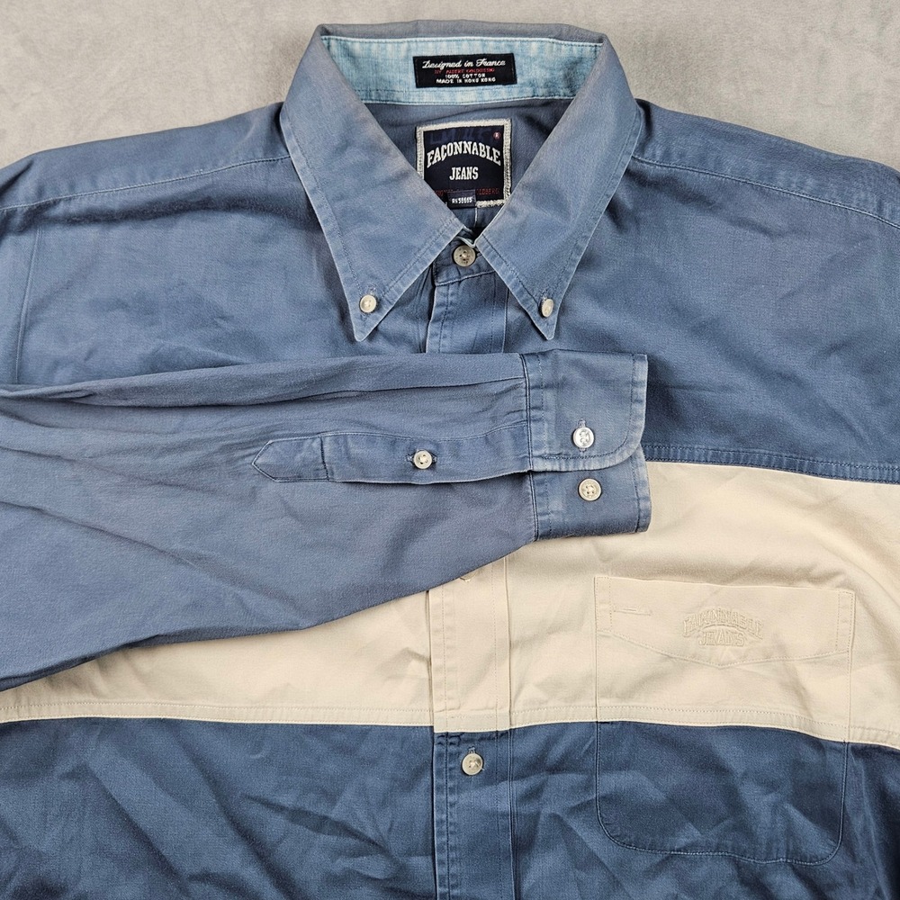 Vintage Faconnable Jeans Shirt Mens Large Blue White Colorblock‎ Button Down 90s
